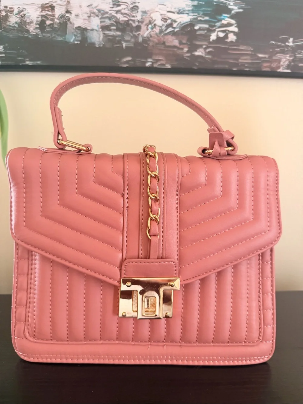 Pink Quilted Top-Handle Crossbody Bag with Gold Hardware